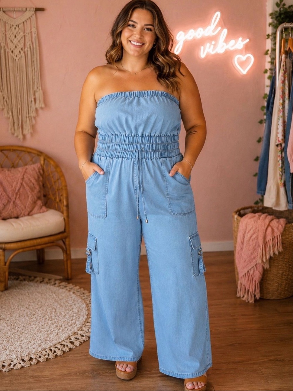 Smocked Strapless Light Blue Denim Wide-Leg Cargo Jumpsuit